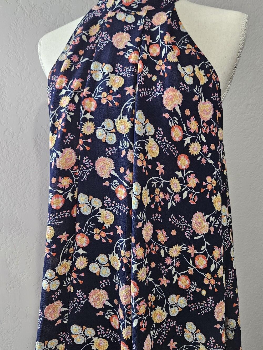 EUC Alyx Navy Floral Halter Sleeveless Top with Pink & Yellow Blooms XS